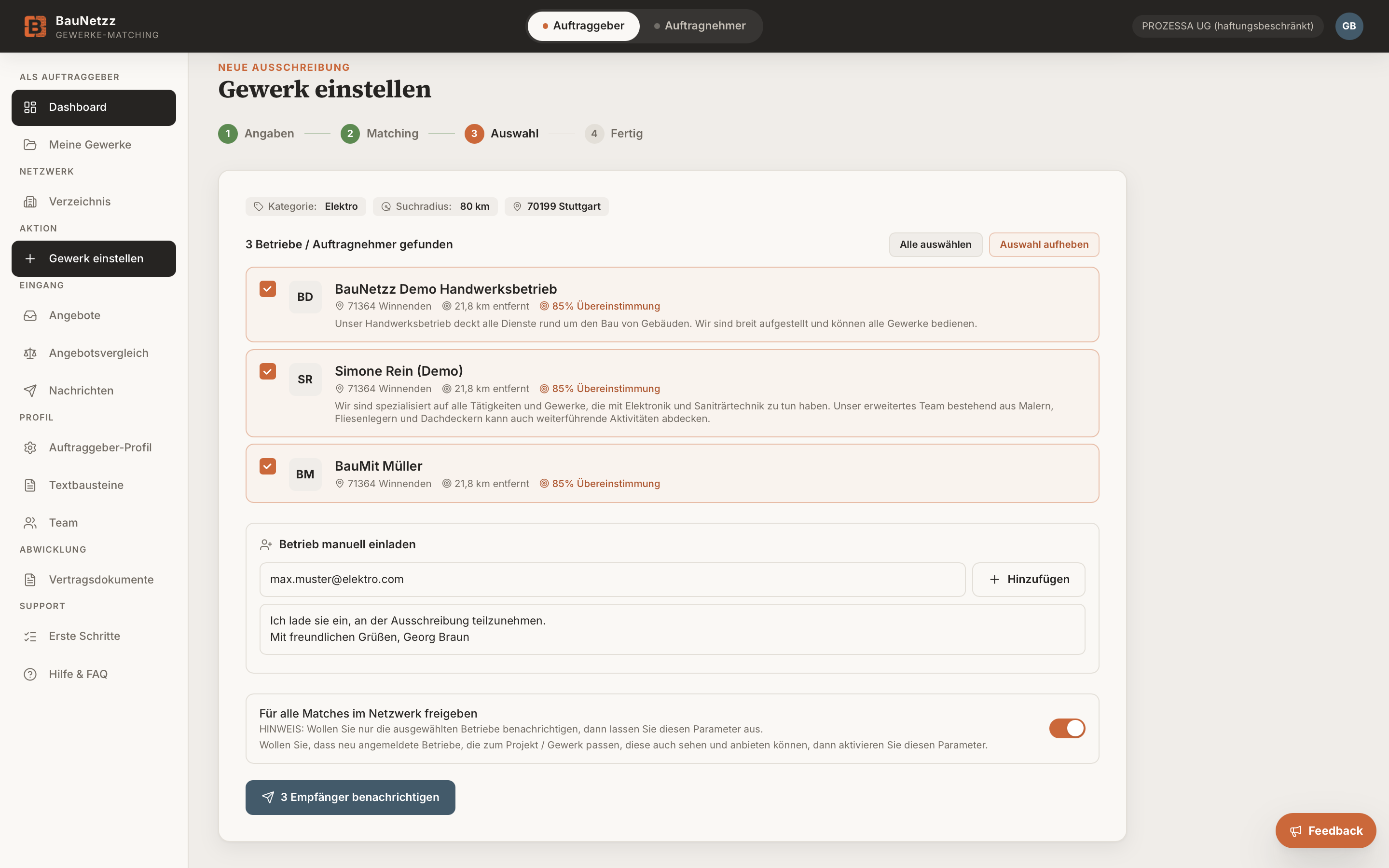 Automatisches Matching passender Betriebe