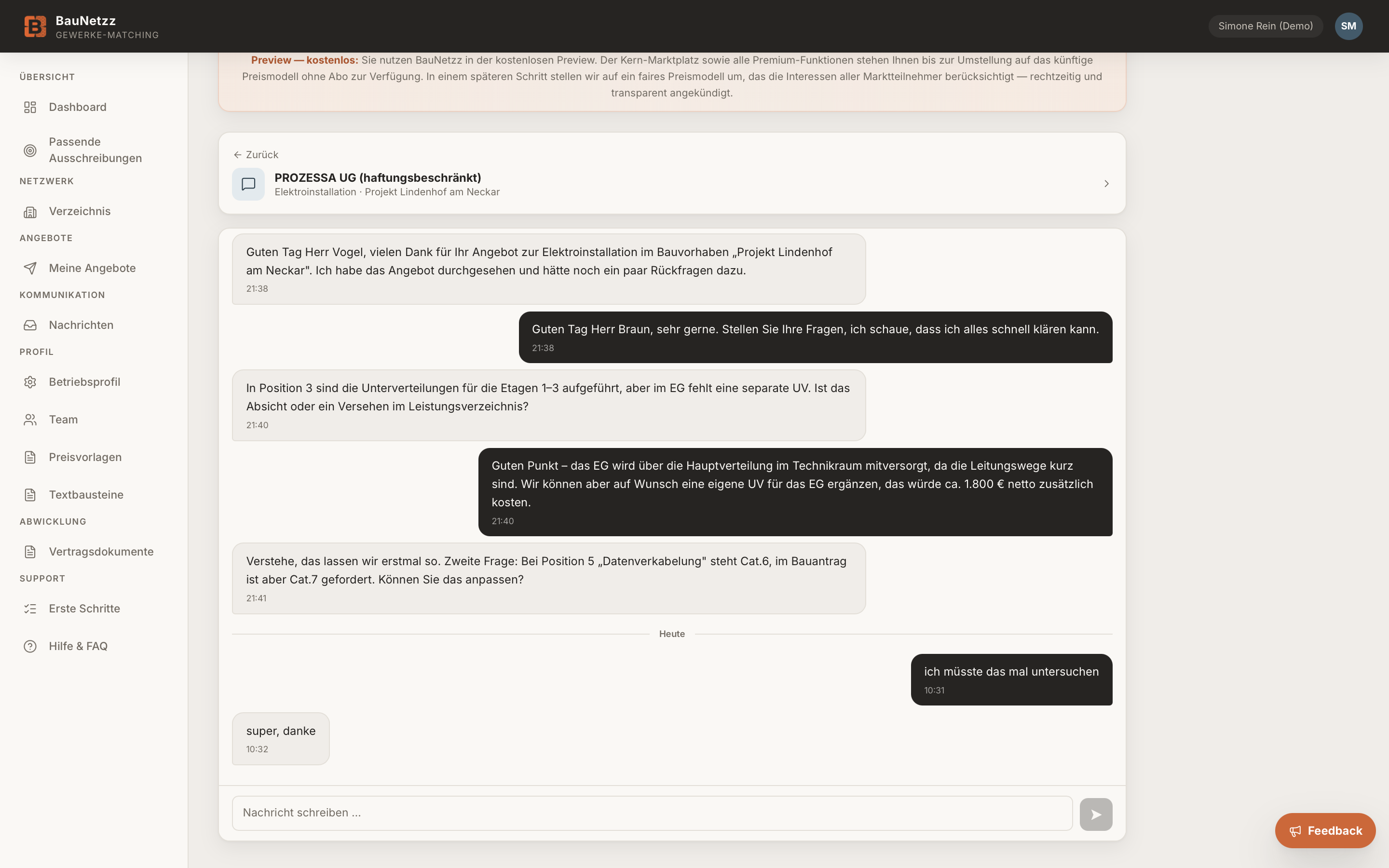 Rückfragen im Gewerk-Chat klären